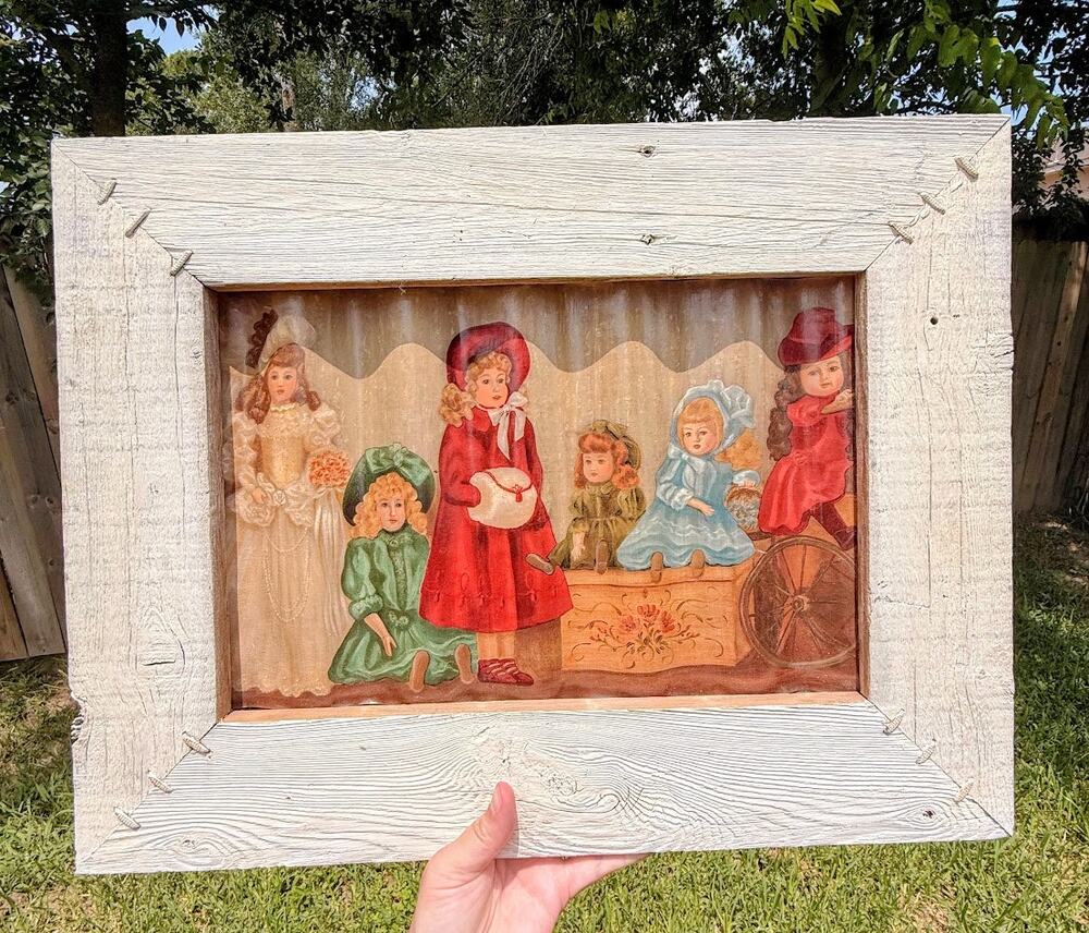 Rustic Framed Victorian Children Decoupage on Corrugated Metal Wall Art